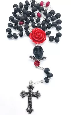 $110 • Buy Day Of The Dead Sugar Skull Red Rose Black Lava Stone & Ruby Rosary Necklace