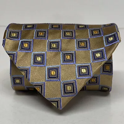 Insignia By Martin Wong Gold Liquid Silk Handmade Geometric Blue Accents Tie S66 • $5.99