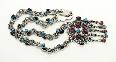 Vtg Mexican Matl Style Sterling Silver Amethyst Coral Turquoise Necklace • $362.14
