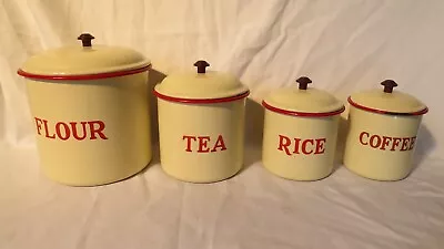 Vintage Art Deco Cream And Red Enamel  Canister Canisters  Flour Tea Rice Coffee • $145