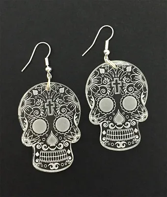 Sugar Skull Earrings Laser Engraved Clear Acrylic Laser Cut Skull Gift Ideas • $18.95