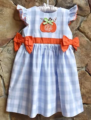 Smocked A Lot Girls Pumpkin Monogrammed Dress Blue Orange Fall Thanksgiving  • $42