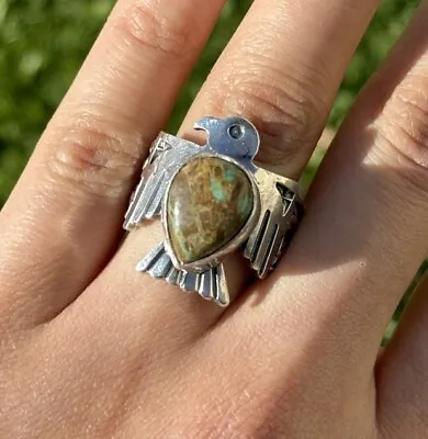 Sunshine Reeves 925 Sterling Silver Turquoise Thunderbird Stamped Ring Size 10 • $255