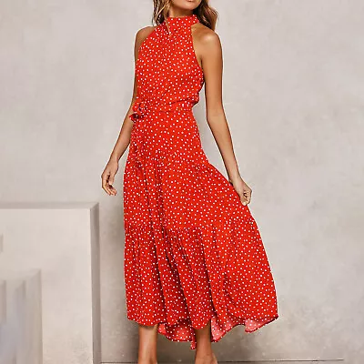 Multi Color Hanging Neck Wave Dot Printed Lace Up Dress Long Skirt Women's • $35.31