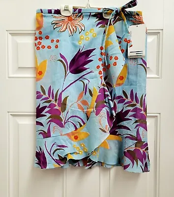 M MISSONI Blue Floral Cotton Wrap Skirt 44 US 8 Cover-up Beach Knee-length NWT  • $79.99