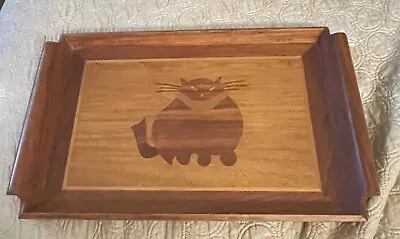 Vintage Teak Wood Tray Inlaid Fat Cat 10 By 16  • $19.99