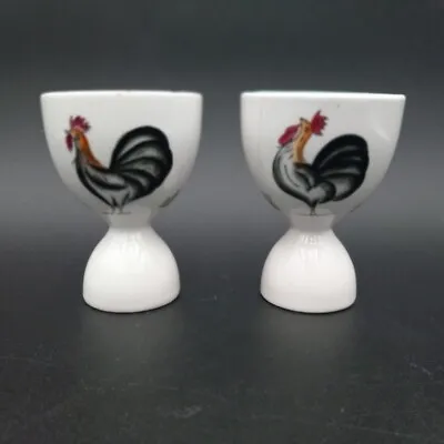 Pair Of Vintage Rooster Double Egg Cups Porcelain Blue And Pink Interiors MCM • $26
