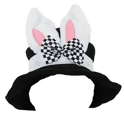 Black Top Hat With Bunny Ears White Rabbit Fancy Dress Costume Accessory W Bow • £6.59