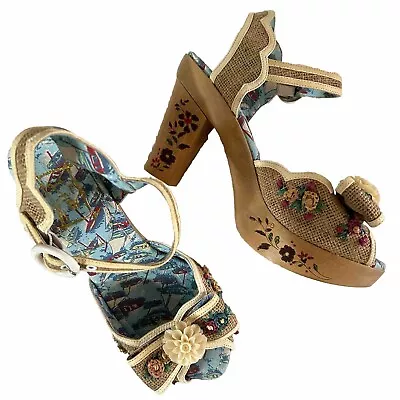 MISS L-FIRE Wooden Platform High Heel Sandals EU41 US10 Floral Strap • $59.46