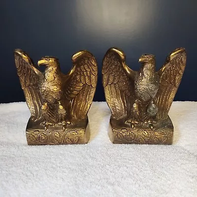 Vintage Gold American Eagle Bookends Mid-Century Brass Metal Set Pair HEAVY • $18.99