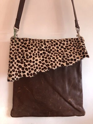 £22 • Buy Owen Barry Bag Brown Leather Crossbody Messenger Cow Hide Leopard Print 