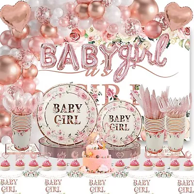 258pcs Baby Girl Shower Party Decor Sets Pink Rose Gold Balloons Plates Cups • $24.99