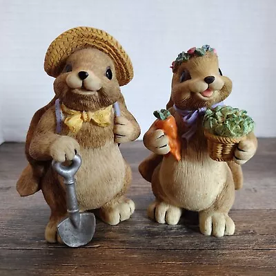 1997 MERVYNS Mr. & Mrs. Harvesting Rabbits Resin Figurines 4in (set Of 2) Easter • $17