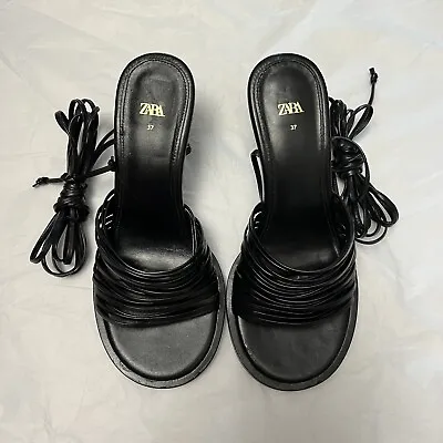 $45 • Buy Zara Black Strappy Heeled Leather Sandals