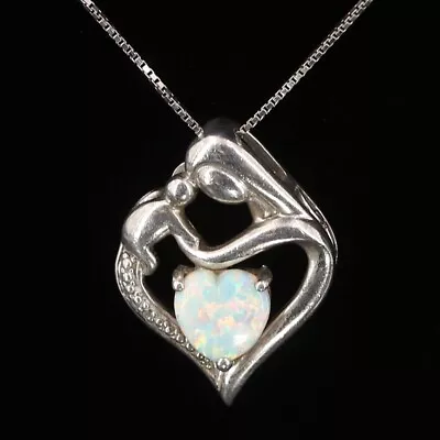 Sterling Silver - Opal & Diamond Mother & Child Heart Pendant 20  Necklace - 5g • $2.99