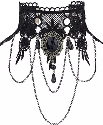 Gothic Victorian Black Lace Choker Necklace Tassel Chain Steampunk NWT 7622 • $10.92