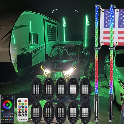 Pair 4FT Spiral RGB LED Lighted Whip Lights + 10 Pods Rock Light For ATV UTV RZR • $137.99