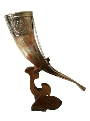 Viking Drinking Horn 5-7oz Medieval Natural Handcrafted Horn With Wooden Stand • $44