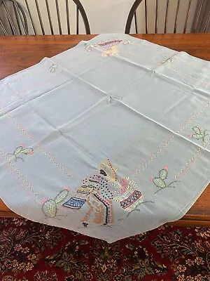 Vintage Hand-Embroidered Mexican Design Blue Tablecloth 30 1/2  X 34  • $15