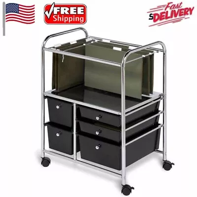 Mobile File Cart W/ 5 Drawer Office Rolling Storage Document Hanging File Black • $37.91