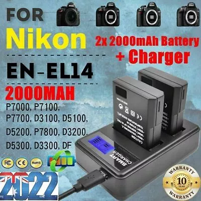 2x Battery + Charger For Nikon EN-EL14 EN-EL14a Coolpix P7000 DSLR D3100 D5100 M • $34.99