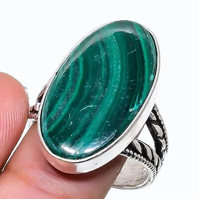 Green Malachite Gemstone Handmade 925 Sterling Silver Jewelry Ring Size 9  • $10.99