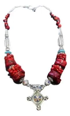 Moroccan African Berber  Artisan Coral   Enameled Berber  Cross Necklace • $39.89