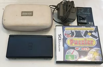 Nintendo DS Lite - Black Handheld System W/ Charger + Case + Puzzler Game + R4 • $107.99