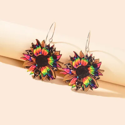 $1.99 • Buy African Ethnic Statement Flower Pattern Wood Hoop Lightweight Dangling Earrings