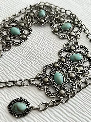 Western Equestrian Antique Silver Tone CONCHO CHAIN BELT Faux Turquoise Ornate • $23.68