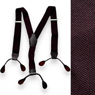 VTG Suspenders Braces Made In England Button On Leather Tabs Maroon Adjustable • $24.99