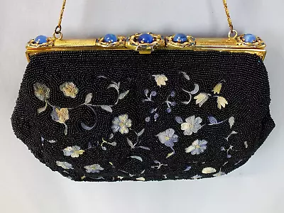 Vintage Micro Beaded And Embroidered Purse W Jeweled Frame Hand Made In France • $249