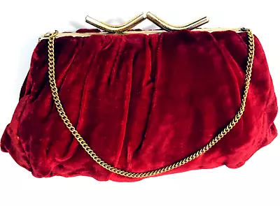 Vintage Handbag Evening Red Velvet 1950's Gold Clasp & Chain Satin Lining • $79.50