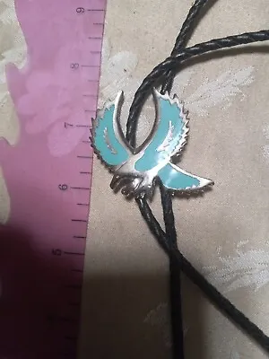 Men's Bolo Tie Turquoise Color Silver Tone Eagle On Black String EUC • $15.99