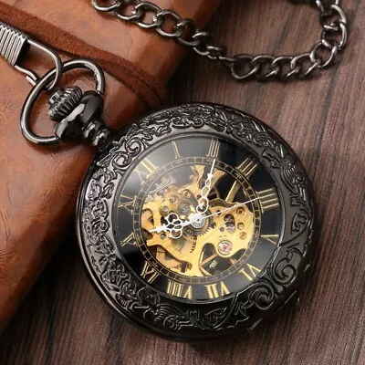 Gold Roman Numerals Half Hunter Mechanical Pocket Watch And Solid Chain Gifts • £18.23