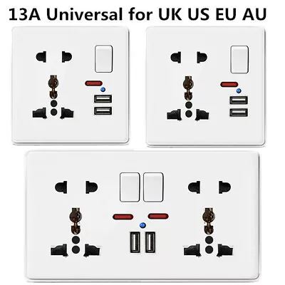 Double Wall Plug Socket 2 Gang 13A With 2 USB Charger Port Outlets White Plate • £7.13