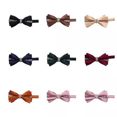 Men Glittering Silver Crystals Pre-tied Bow Tie Solid Color Double Layers Bowtie • $9.99