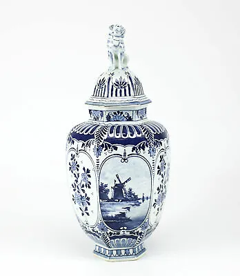 Royal Sphinx Delft Hand Painted Pottery Urn; Windmill Cat Finial; 19th Century • $670.47