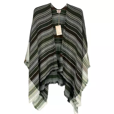 NEW Vismaya Fringed Knit Striped Poncho Ruana Topper Wrap One Size New With Tags • $35.38