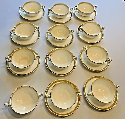 Set 12 MINTON GOLD Encrusted Leaves Cream Soup Boullion Cups + 11 Saucers H1916 • $174.50