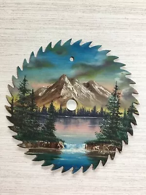 VTG 7” Hand Painted SIGNED SAW BLADE Painting Rustic MOUNTAIN RANGE AND LAKE • $12.99