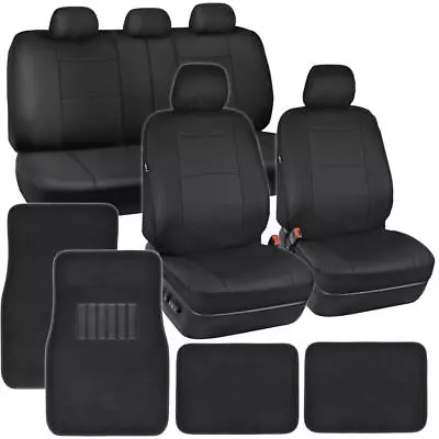 Black Leather Car Seat Covers +Carpet Floor Mats Full Auto Interior • $44.99