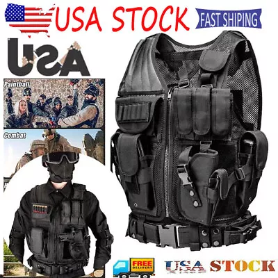 Military Tactical Vest With Gun Holster Molle Assault Combat Plate Carrier Black • $27.45