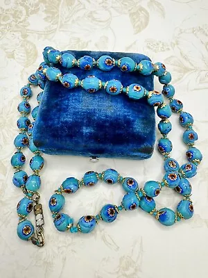 Vtg Venetian Murano Millefiori Robin Egg Blue Glass Bead Necklace Hand Knotted • $45