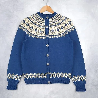 Vintage Norway Cardigan Sweater Womens S/M Blue White Wool Knit Icelandic Jumper • $52.88