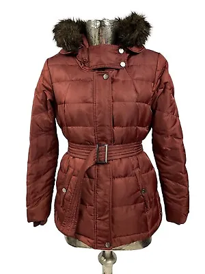 NEXT Jacket Womens Size Small 10 Real Down Coat Rust Brown Faux Fur Hooded EU38 • $28.61