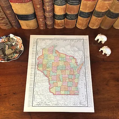 Large Original 1898 Antique Map WISCONSIN Madison Kenosha Oshkosh Racine Wausau • $36