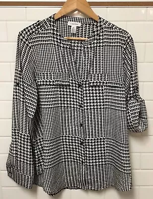 Womans Calvin Klein Houndstooth Blouse Black White Check Sz L Button Up Roll Tab • $23.95