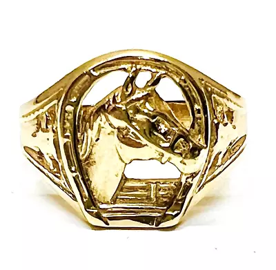 10K Gold Horse Head With Horseshoe Size 14 Ring 6.2 Grams • $349.99