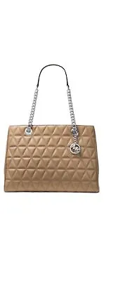 Michael Kors $398 Quilted Lambskin Leather Tote Bag Silver Chain Link Strap Tan • $69